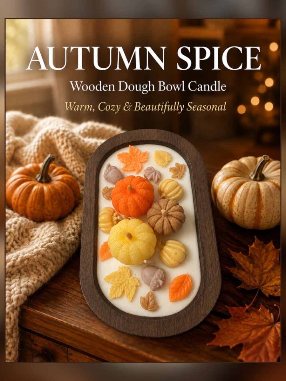 Fall Autumn Spice Wooden Dough Bowl Candle, Fall Pumpkin And Leave Candle Decor